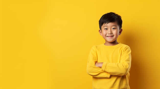 Porträt eines asiatischen Jungen, der auf einem gelben Hintergrund posiert