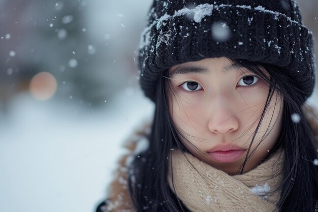Porträt eines asiatischen Mädchens, das Winterblues und Herzschmerzen erlebt