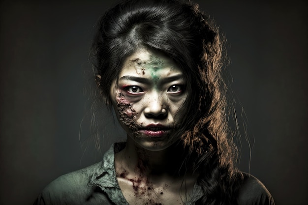 Porträt eines asiatischen Mädchens, das Zombie im Blut auf dunklem Hintergrund steht