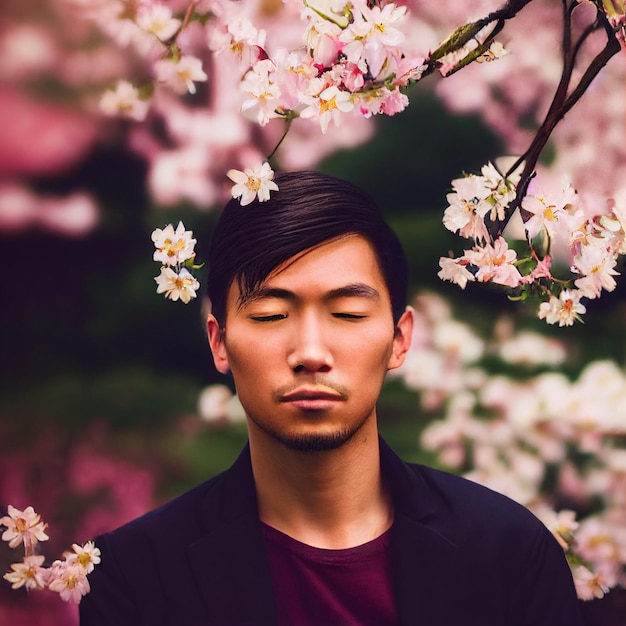 Porträt eines asiatischen Mannes mit geschlossenen Augen und Blumen im Hintergrund 3D-Rendering