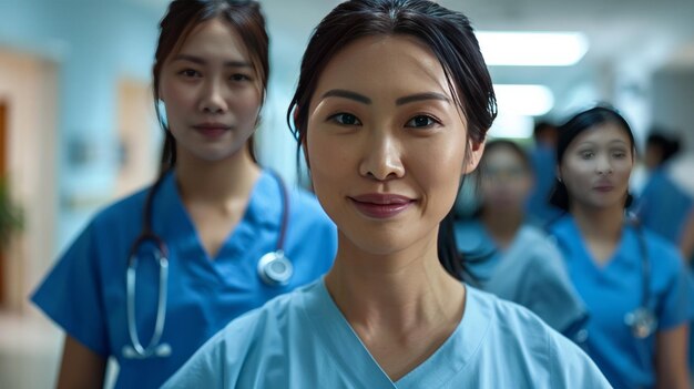 Foto porträt eines asiatischen weiblichen krankenschwesterteams im krankenhauskorridor eine gruppe weiblicher ärzte in uniform