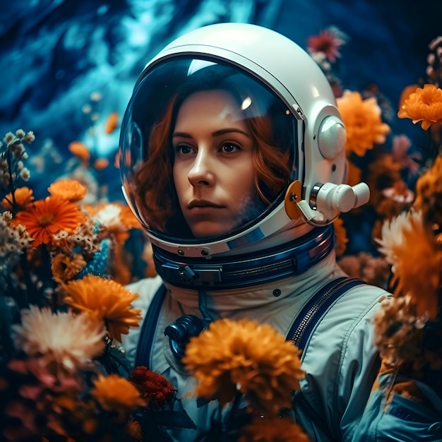 Porträt eines Astronautenmädchens in einem Raumanzug zwischen den Blumen