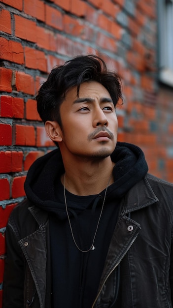 Porträt eines attraktiven asiatischen Mannes gegen den Hintergrund einer roten Ziegelsteinmauer