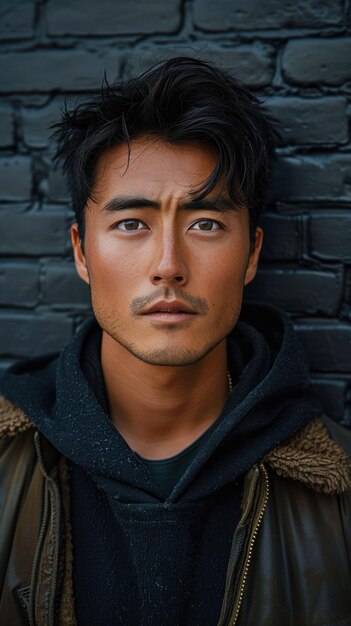 Foto porträt eines attraktiven asiatischen mannes gegen den hintergrund einer schwarzen ziegelsteinmauer