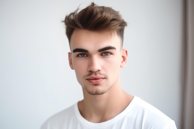 Porträt eines attraktiven jungen Mannes, der vor einer weißen Wand steht, die mit generativer KI erstellt wurde