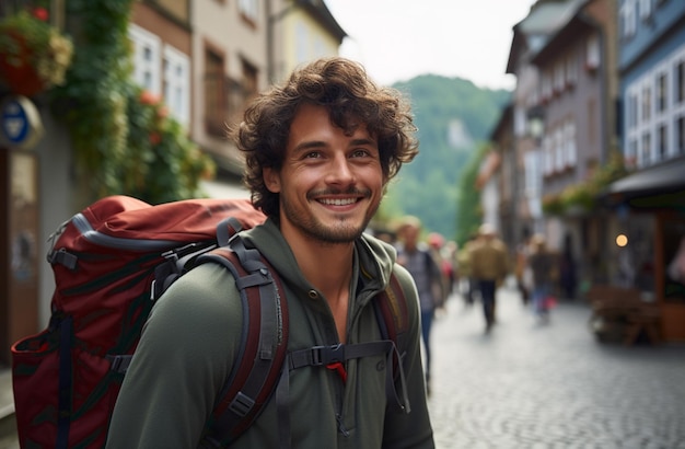Porträt eines attraktiven, lächelnden jungen Mannes in Jeansjacke, der direkt in die Kamera schaut, der allein mit großstädtischem Hintergrund reist, Lebensstil und Reisekonzept