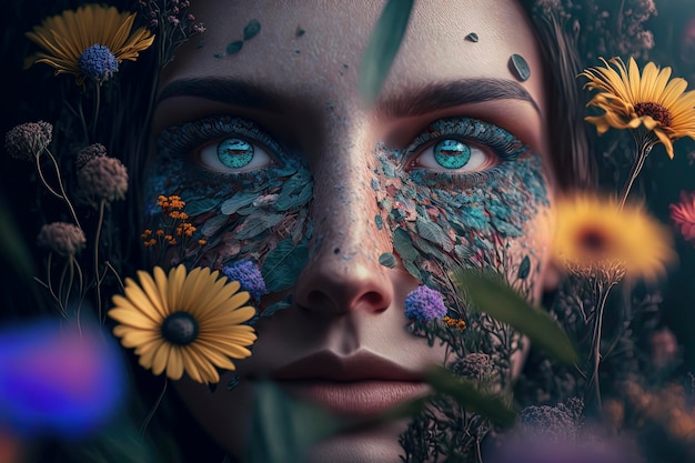 Porträt eines attraktiven Mädchens mit Blumen und Blättern auf ihrem Gesicht Modefotografie AIGenerated