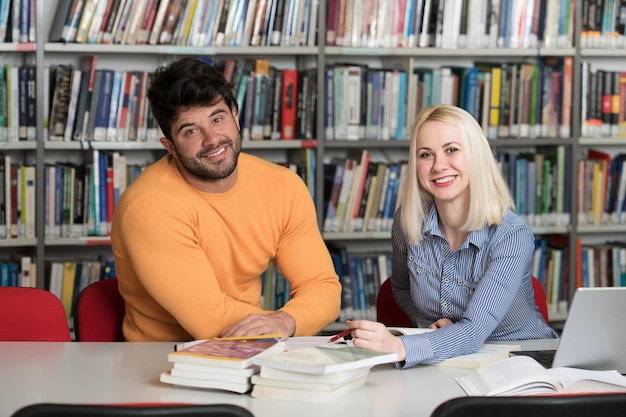 Porträt eines attraktiven Schülers, der mit einem Laptop in der Bibliothek Schularbeiten erledigt