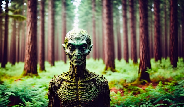 Porträt eines Außerirdischen ein gruseliger Humanoid im Wald Generative KI