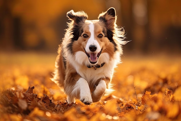 Porträt eines australischen Schäferhundes, der im Herbstpark läuft Border-Collie-Hund, der auf der Herbstwiese läuft Heimtiere KI-generiert