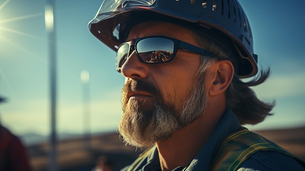 Porträt eines bärtigen Mannes mit Helm und Sonnenbrille an einem sonnigen Tag