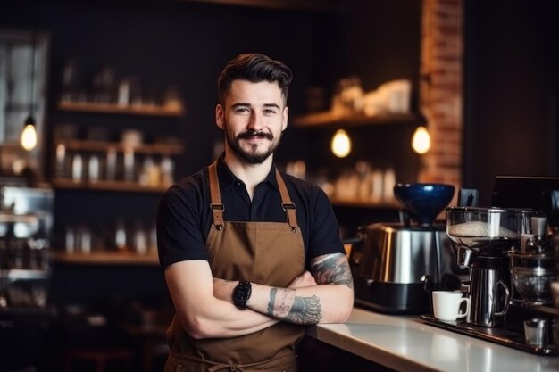 Porträt eines Baristas, der Kaffee in einem mit generativer KI erstellten Café macht