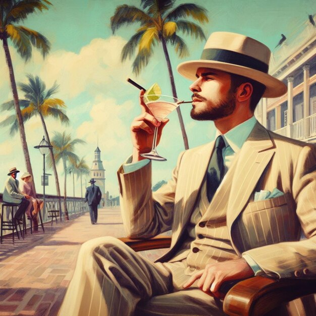 Porträt eines berühmten Schriftstellers Spionage-Illustration trinkt seinen Cocktail in Key West Florida