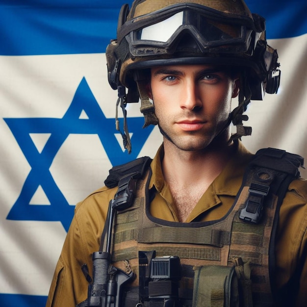 Porträt eines bewaffneten patriotischen Soldaten, der einen Militäroffizier bewacht, Israel-Flagge im Hintergrund