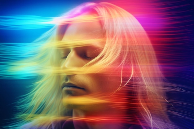 Porträt eines blonden, langhaarigen jungen Mannes mit digitalem holografischem Effekt