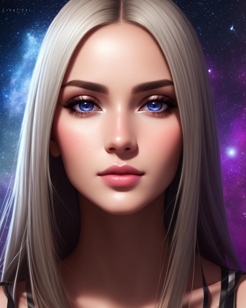 Porträt eines blonden Mädchens mit kosmischen Augen vor dem Hintergrund des Weltraums