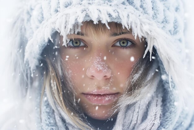 Foto porträt eines blondenhaarigen mädchens mit blauen augen in einem kaputten winter mit schnee