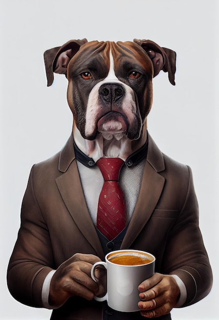 Porträt eines Boxerhundes in einem Anzug mit einer Tasse Kaffee Generative KI