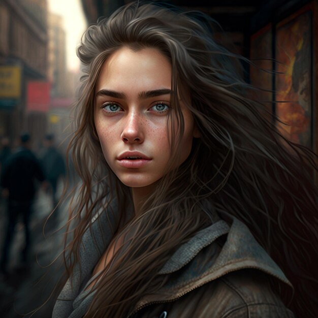 Porträt eines brünetten Mädchens auf dem Hintergrund von Gebäuden