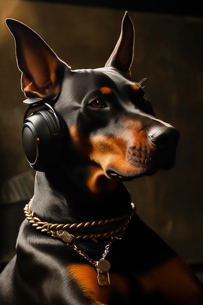 Porträt eines brutalen Dobermann-Hundes auf dunklem Hintergrund im Studio, in dem das Bild erstellt wurde