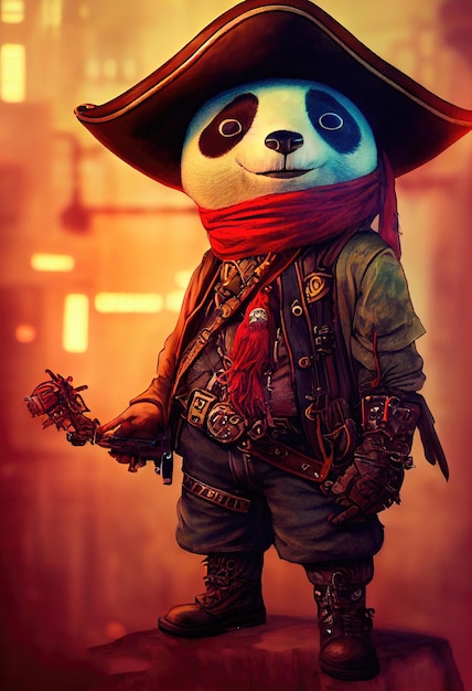 Porträt eines brutalen Pandapiraten Mittelalterlicher Piratenpanda in einem Vintage-Kostüm