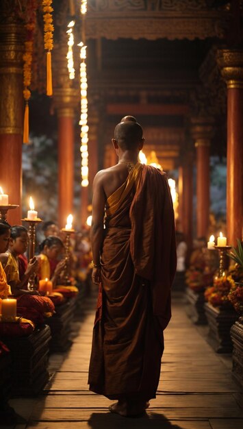 Foto porträt eines buddha, der in einem tempel betet. das nachtlicht wird von lampen um ihn herum beleuchtet