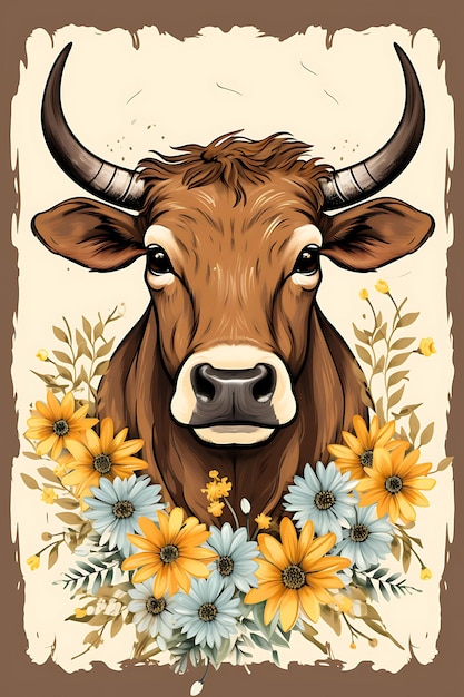 Porträt eines Büffels mit Gänseblümchen, der stolz auf Brindle Co steht. Vintage-Poster, 2D-Flachdesign-Kunst