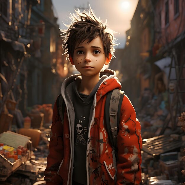 Porträt eines Cartoon-Jungen mit roter Jacke, der auf einer Straße steht