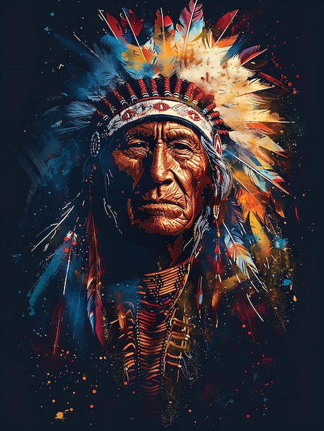 Porträt eines Cherokee-Mannes mit einem traditionellen gefiederten T-Shirt Design Art Tattoo Ink Frames