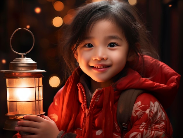 Porträt eines chinesischen Kindes, das freudig eine rote Laterne in den Händen hält