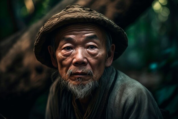 Porträt eines chinesischen Weisen im Wald, dessen Gesicht der Kamera zugewandt ist