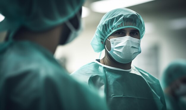 Porträt eines Chirurgen in einer medizinischen Maske im Krankenhaus, das mit generativer KI erstellt wurde