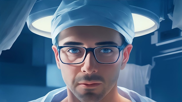 Porträt eines Chirurgen mit Brille im Operationssaal der KI-Generation