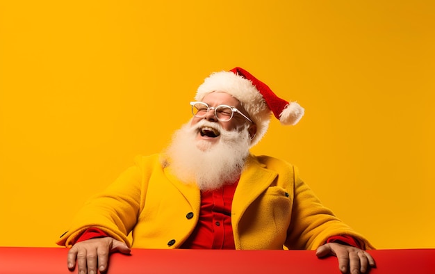 Foto porträt eines coolen, glücklichen, verrückten, emotionalen, lachenden weihnachtsmanns mit weißem bart, der einen roten hut und gelbe kleidung auf einem gelben hintergrund trägt. weihnachtsbanner mit kopierplatz für werbe-rabatt