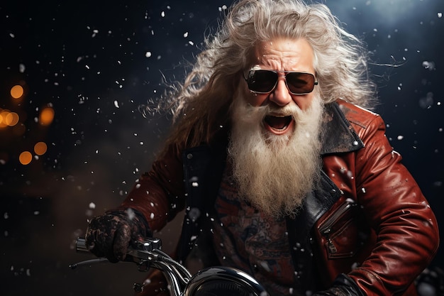 Porträt eines coolen Rock-Weihnachtsmanns, der über rotem Hintergrund brüllt, während der Schnee fällt, KI-generiert