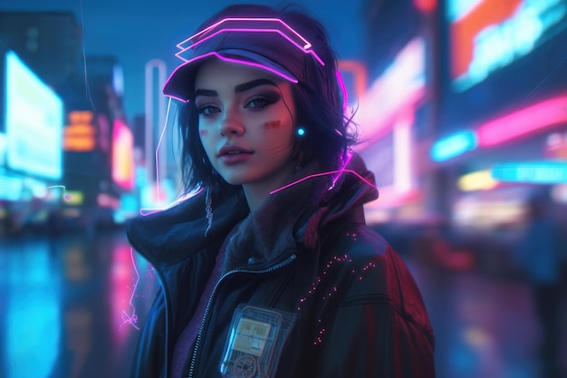 Porträt eines Cyberpunk-Mädchens in futuristischer Kleidung und Accessoires, das vor Lichtern steht