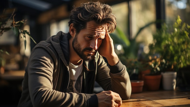 Porträt eines depressiven Mannes, der in einem Café sitzt und den Kopf mit der Hand berührt