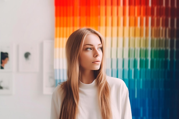 Porträt eines Designermädchens vor dem Hintergrund einer Farbpalette generativer KI
