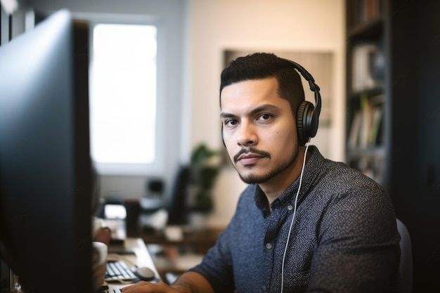Porträt eines Designers, der ein Headset trägt, während er in seinem Büro an einem Computer arbeitet