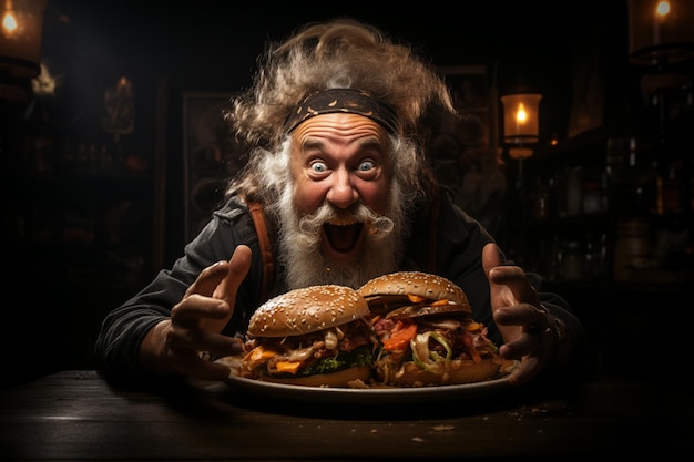 Porträt eines dicken, lustigen Mannes, der einen großen, leckeren Burger isst