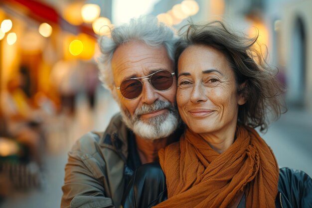 Porträt eines Ehepaares mittleren Alters auf einer Stadtstraße Konzept der Liebe und des Glücks in der Reife