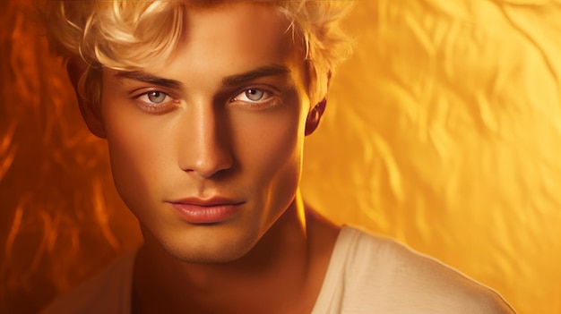 Porträt eines eleganten, sexy kaukasischen blonden Mannes mit blonden Haaren und perfekter Haut auf einem goldenen