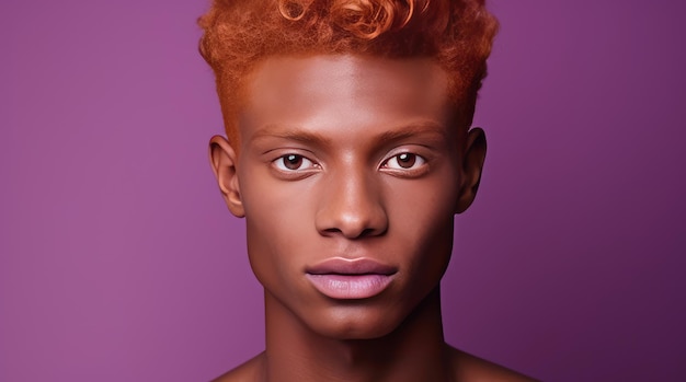 Porträt eines eleganten sexy lächelnden afrikanischen Mannes mit dunkler und perfekter Haut und roten Haaren auf lila