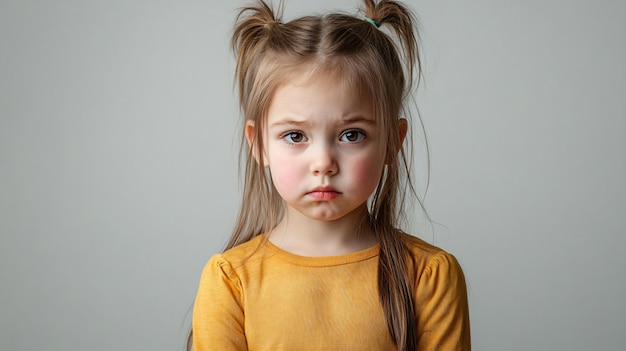 Porträt eines emotionalen kleinen Mädchens auf grauem Hintergrund