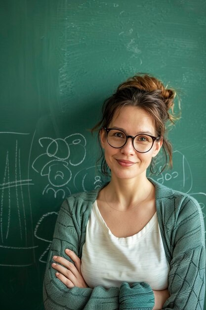 Foto porträt eines emotionalen lehrers mit kreide auf grünem hintergrund