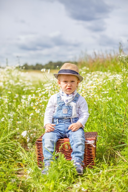 Porträt eines entzückenden Babys mit Blumen im Kamillenfeld