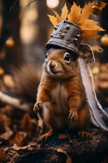 Porträt eines entzückenden Eichhörnchens mit einem mittelalterlichen Hut schlägt einen spielerischen anthropomorphen Charakter an