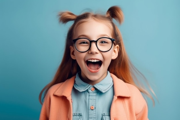 Porträt eines entzückenden, lächelnden Mädchens mit Brille, spielerisches Glück, Konzept, generative KI.