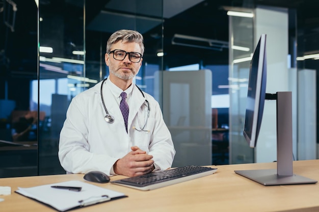 Porträt eines erfahrenen Arztes mit Brille ein älterer und erfahrener Mann, der in die Kamera schaut ein Arzt, der remote an einem Computer in einer Klinik arbeitet und Patienten berät