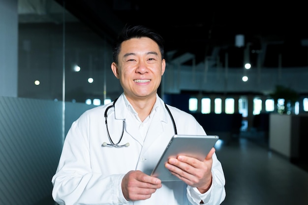 Porträt eines erfolgreichen, glücklichen und fröhlichen asiatischen Arztes, eines Mannes in einer modernen Klinik, der in die Kamera blickt und einen Tablet-Computer hält